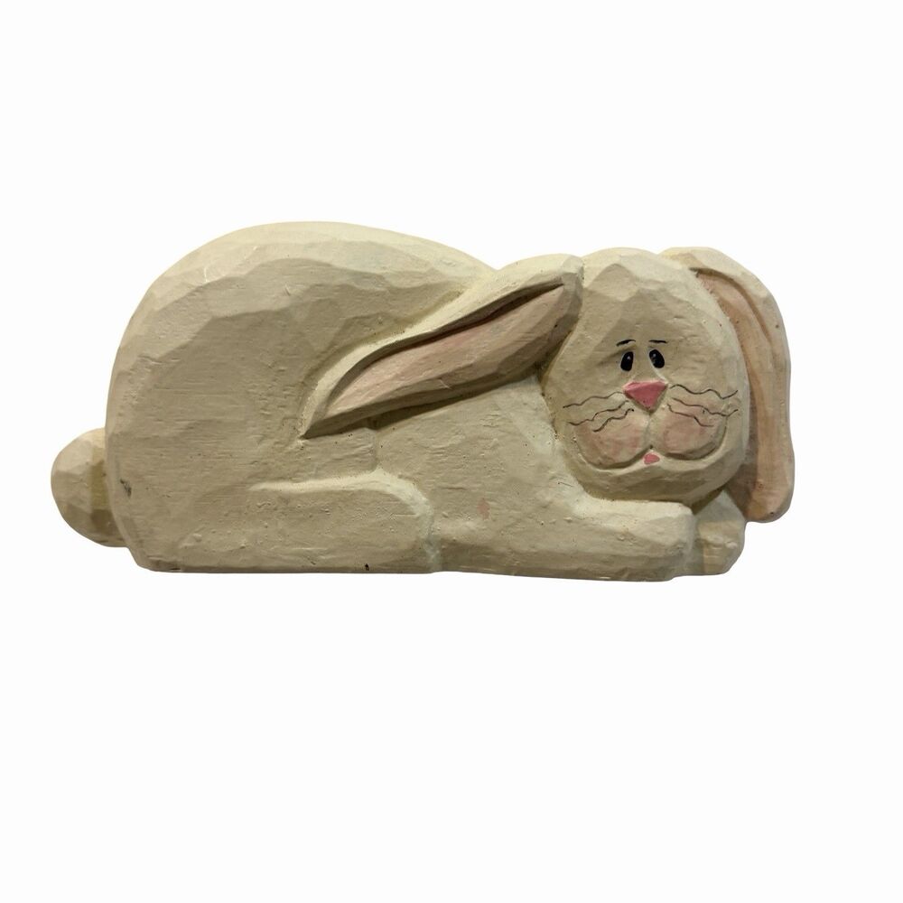 White Bunny Folk Art Easter Carved Sitting 8" x 4"